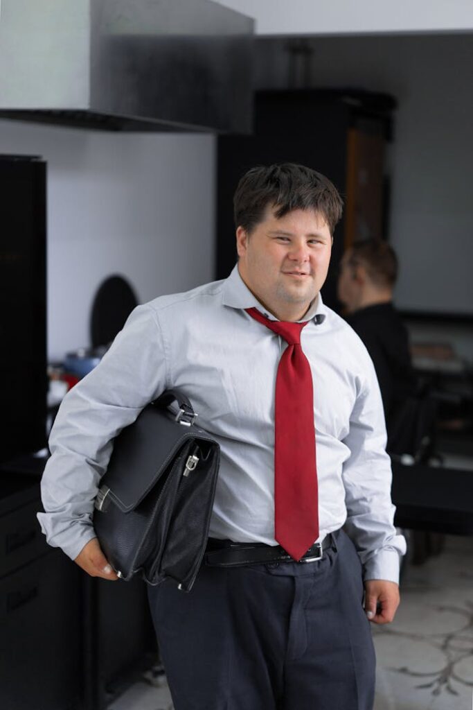 pexels-photo-7697920 Smiling man with Down syndrome holding a briefcase in a modern office setting.